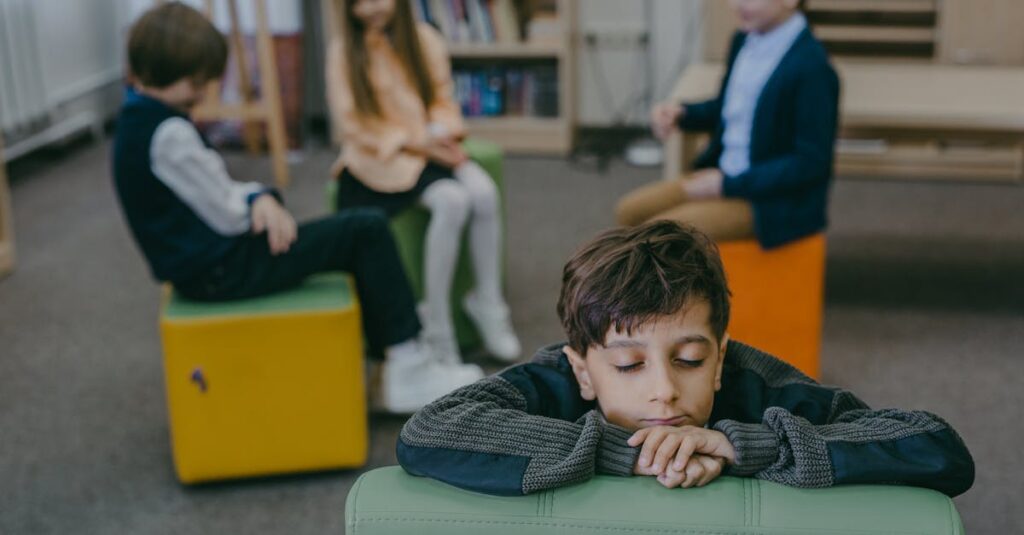 Child feeling isolated in a classroom while peers interact. Emphasizes themes of loneliness and social dynamics.