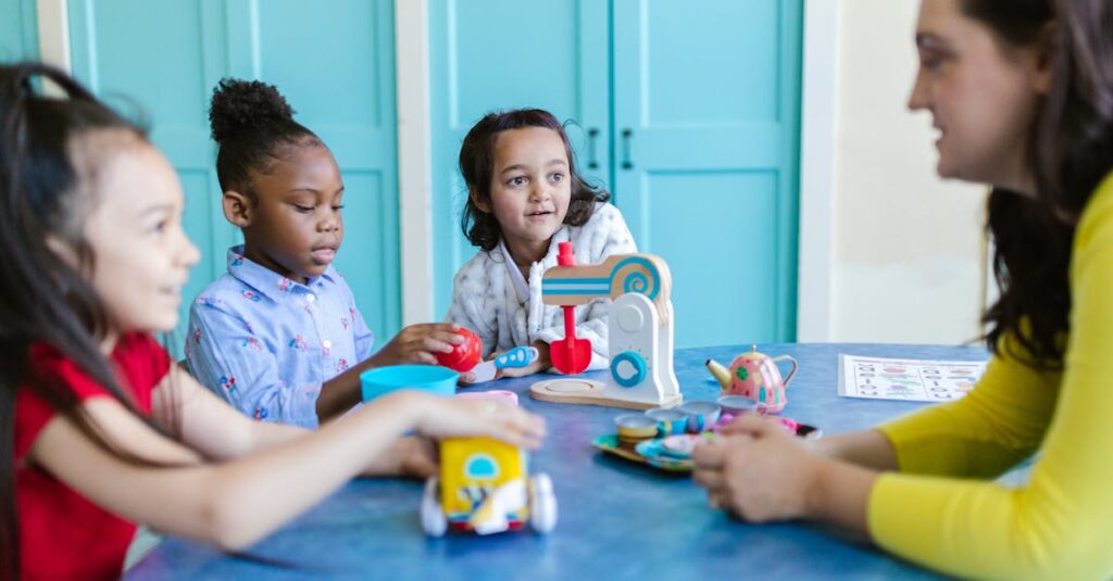 Young children engaged in play with toys and a teacher in a colorful preschool setting.
