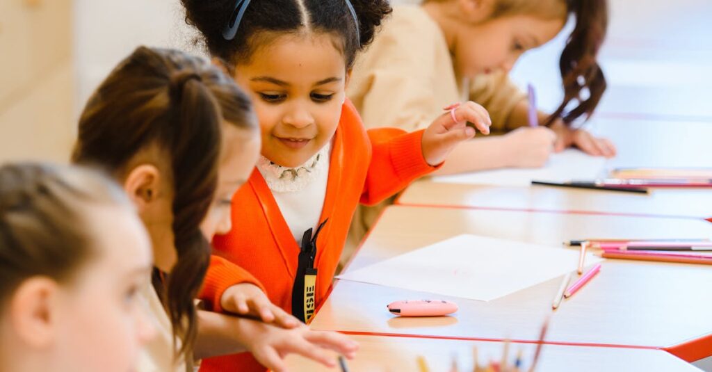Joyful children drawing and learning in a bright, lively classroom setting.