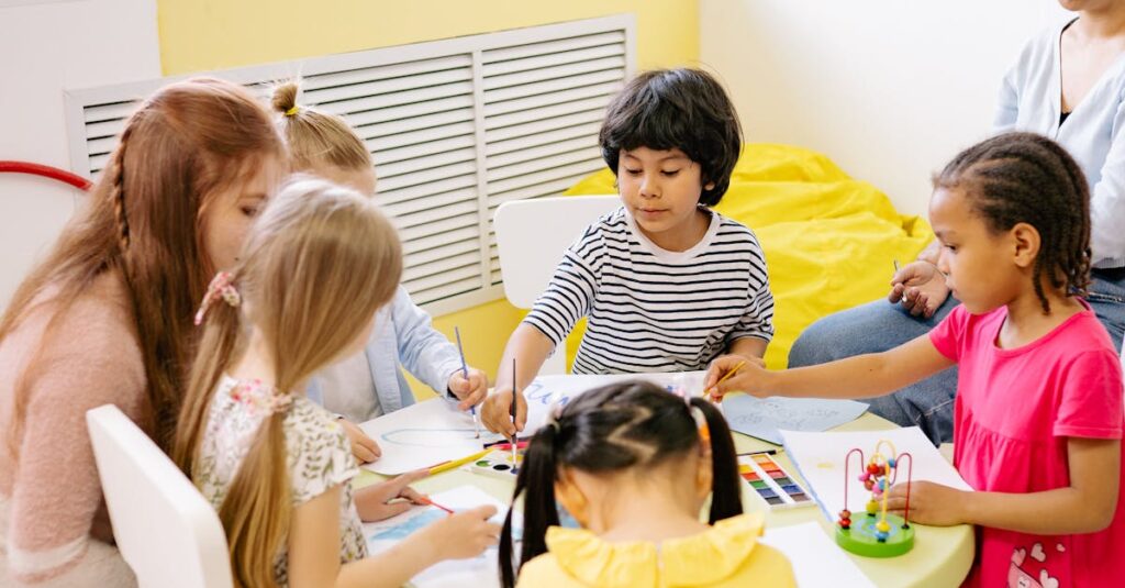 Children engaging in a creative arts and crafts session in a bright preschool classroom.