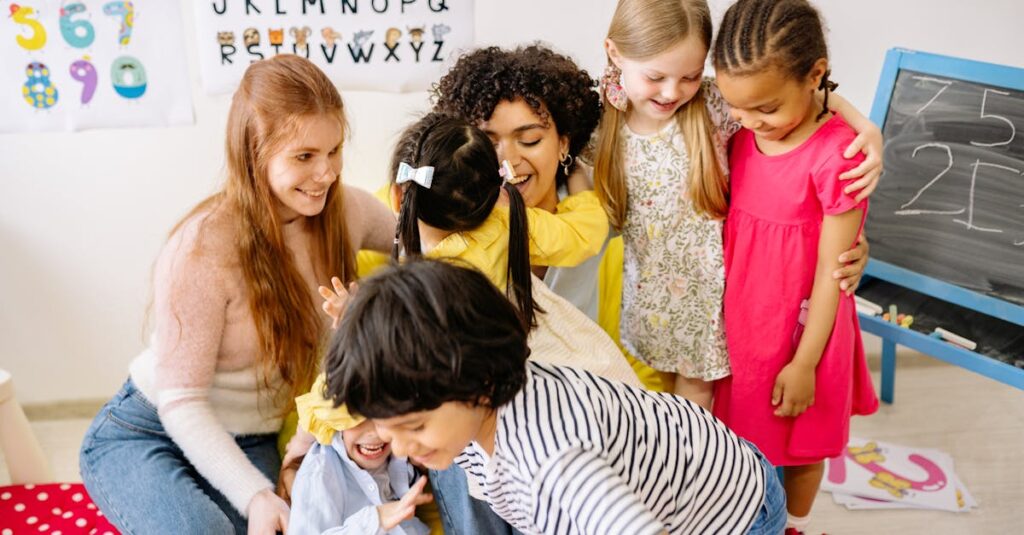 Happy preschoolers and teacher bonding in a colorful classroom setting, fostering friendship and education.