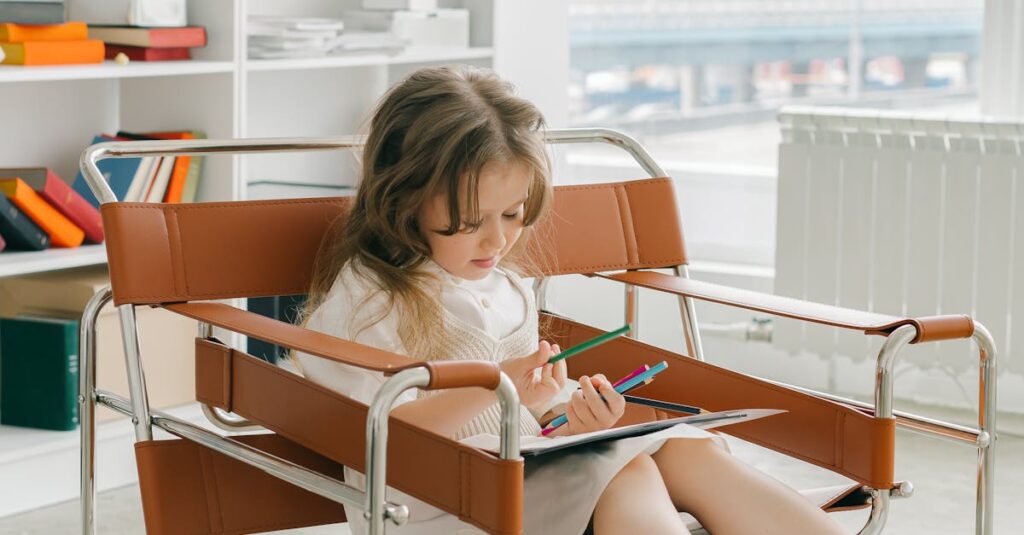A young girl sitting and reading a book in a modern, well-lit library.