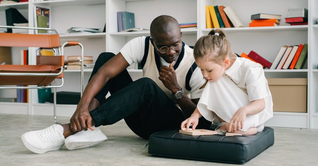 Psychologist and child in a thoughtful educational session indoors. Fostering learning and connection.