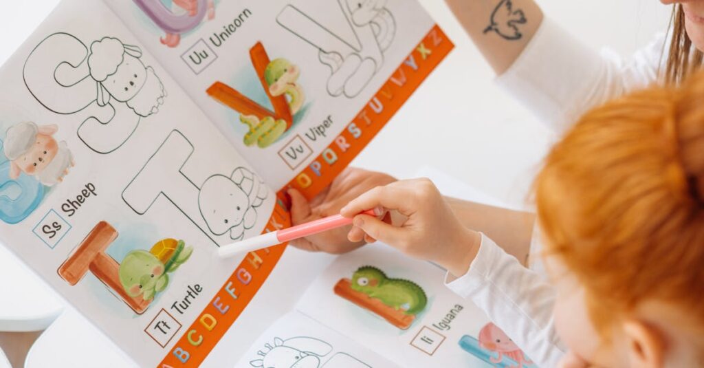 A child and adult learning alphabets using a colorful illustrated book and markers.