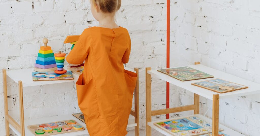 A young girl plays with educational toys in a colorful preschool classroom setting.