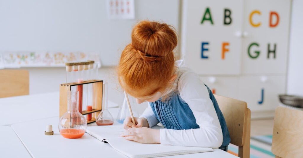 A young girl writing in a notebook, surrounded by test tubes, learning about science in a classroom.
