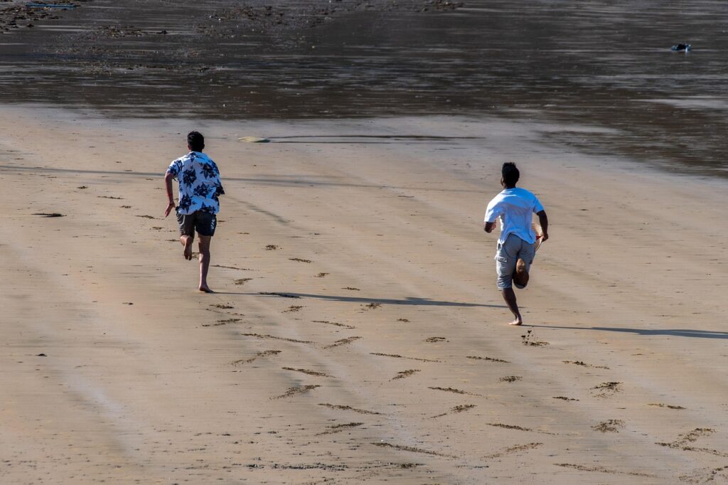 men, run, sprint, competition, sports, nature, beach, fun