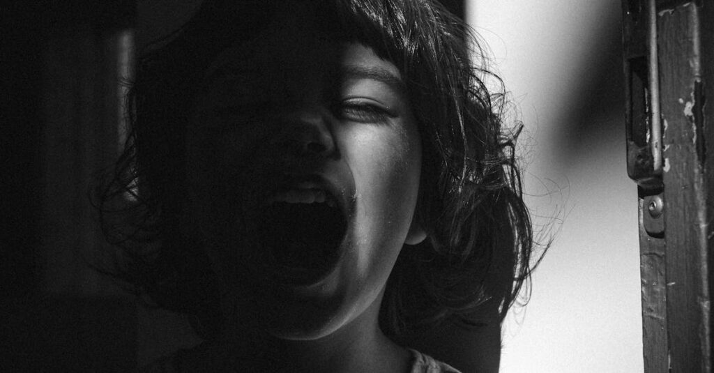 A dramatic monochrome portrait of a child expressing emotion, captured in sunlight and shadow.