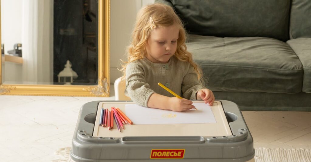 Young girl drawing with colored pencils at a play table in a cozy indoor setting.
