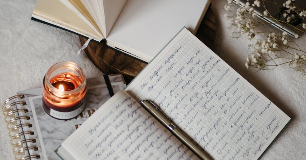 A serene writing setup featuring notebooks, a lit candle, and a laptop in a cozy indoor setting.