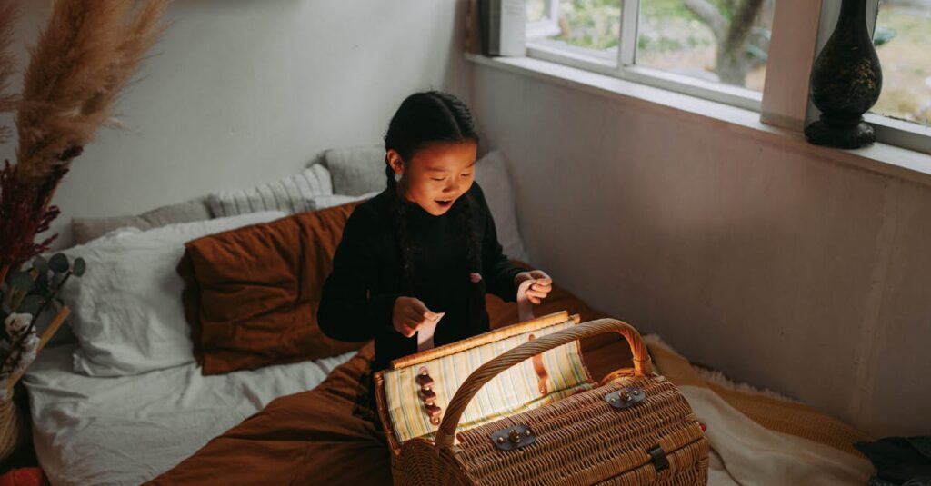 A child joyfully discovers glowing magic inside a basket in a cozy bedroom setting.