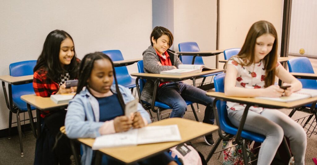 Students engaged in a classroom setting, focusing on reading and learning activities.