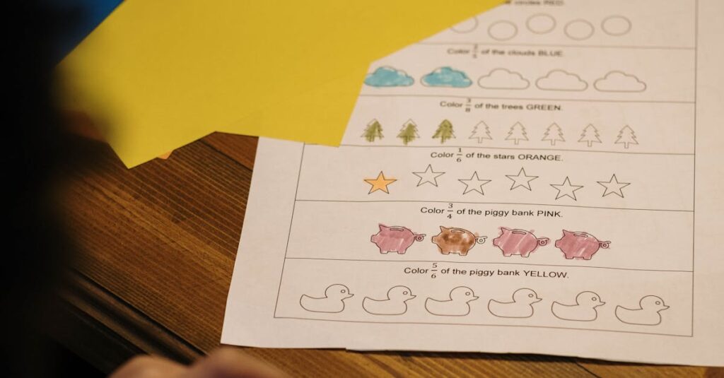 A child working on a simple math worksheet with colorful paper on a wooden desk.