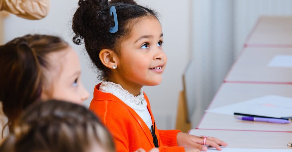A diverse group of children in a classroom participating in activities around a table.