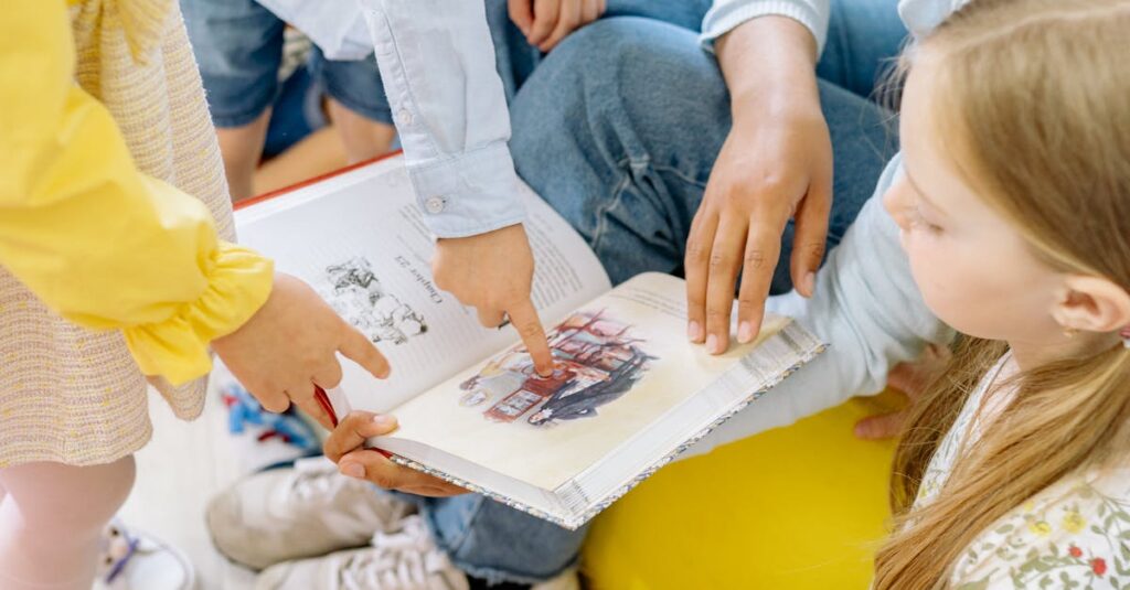 Preschool children gathered around a teacher reading a storybook indoors.