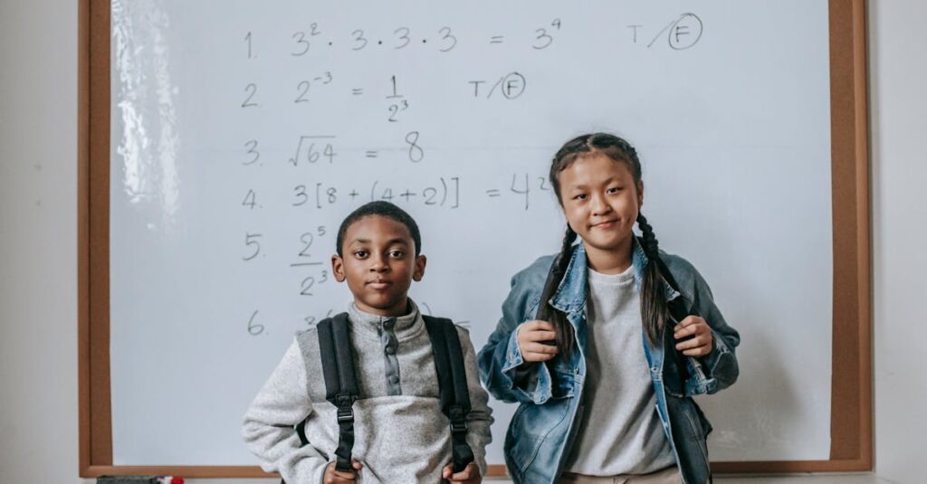 Focused multiracial children in casual outfits with backpacks standing in classroom against whiteboard at school and looking at camera