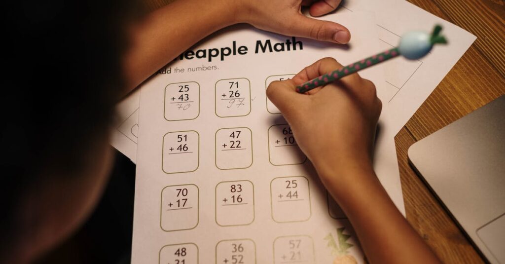A child focuses on solving a math worksheet at a home study desk, fostering learning and concentration.